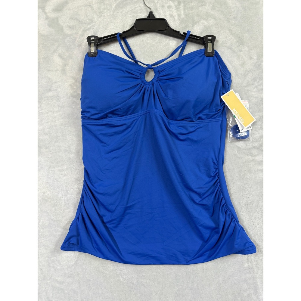 NWT Michael Kors Tankini Top Womens Blue Ruched Halter Keyhole Large $98 A353 - Picture 3 of 6